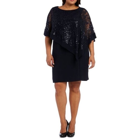 R&M Women’s Sequined Lace Cape Dress Size 16 Blue MOB Evening Holiday Glam - Picture 1 of 11
